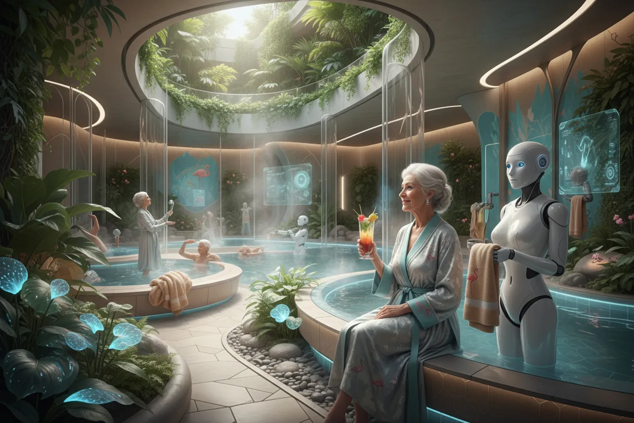 Elder enjoying robot care.